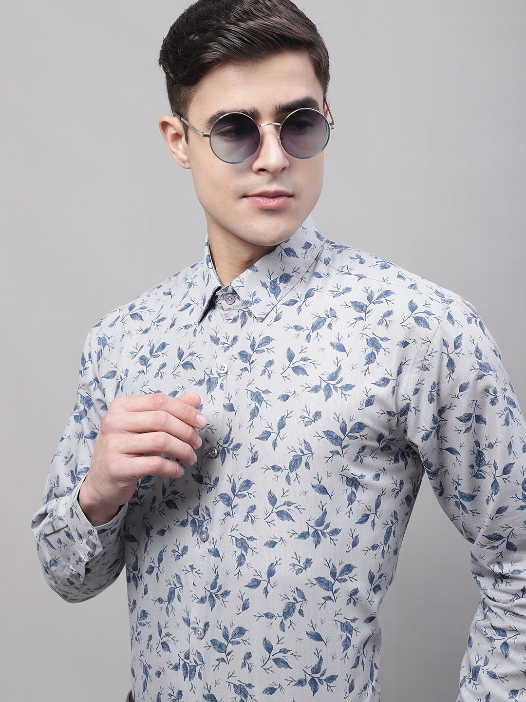 Men Grey Regular Fit Printed Pure Cotton Formal Shirt