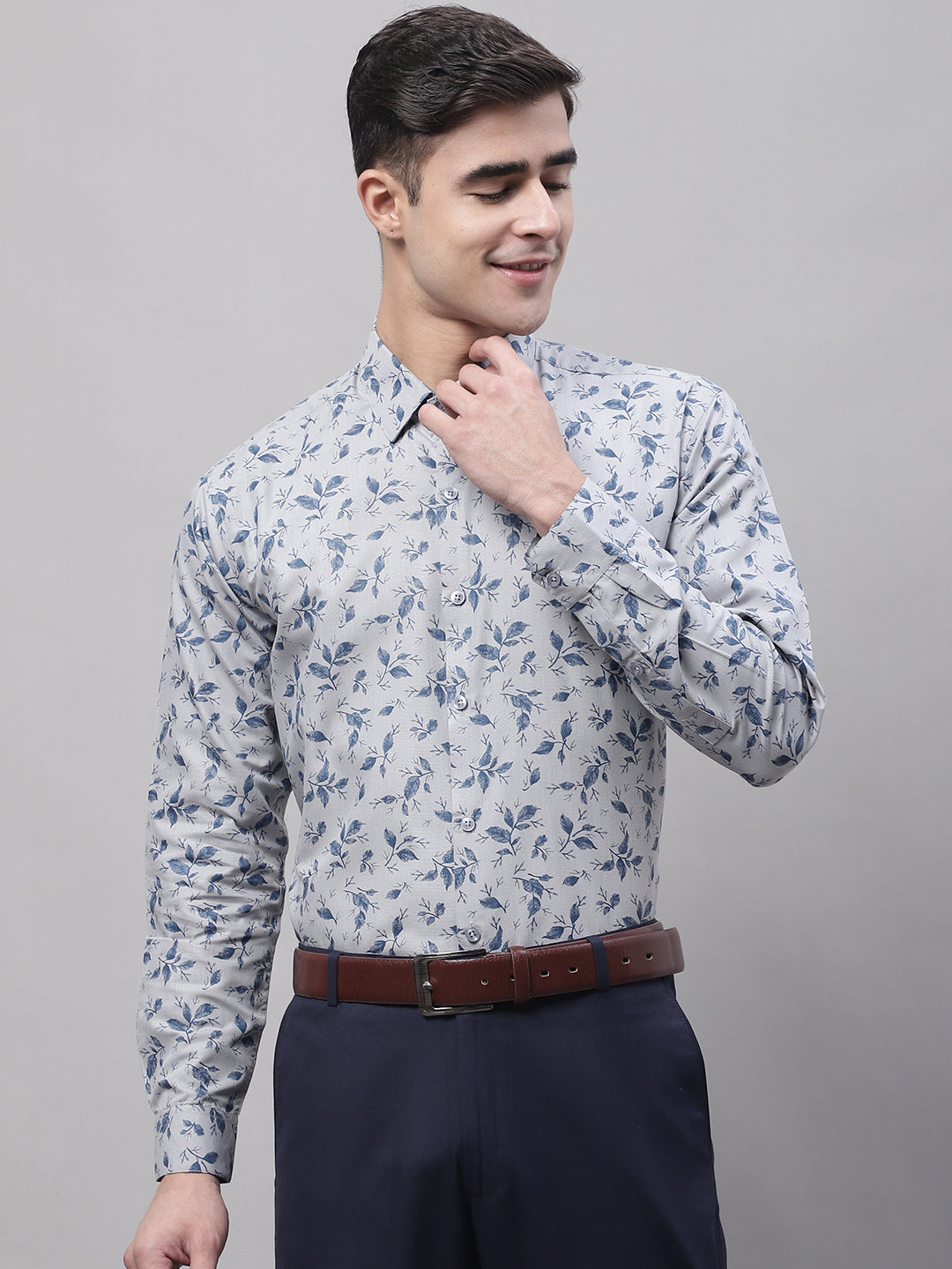 Men Grey Regular Fit Printed Pure Cotton Formal Shirt