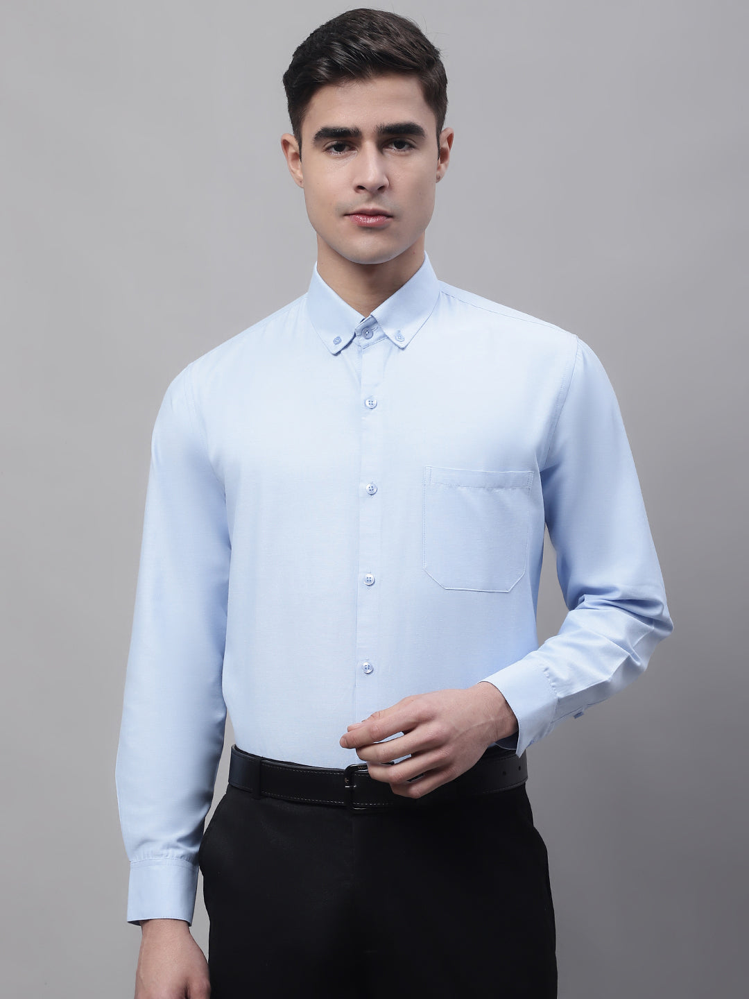 Men's Sky Blue Cotton Solid Formal Shirt