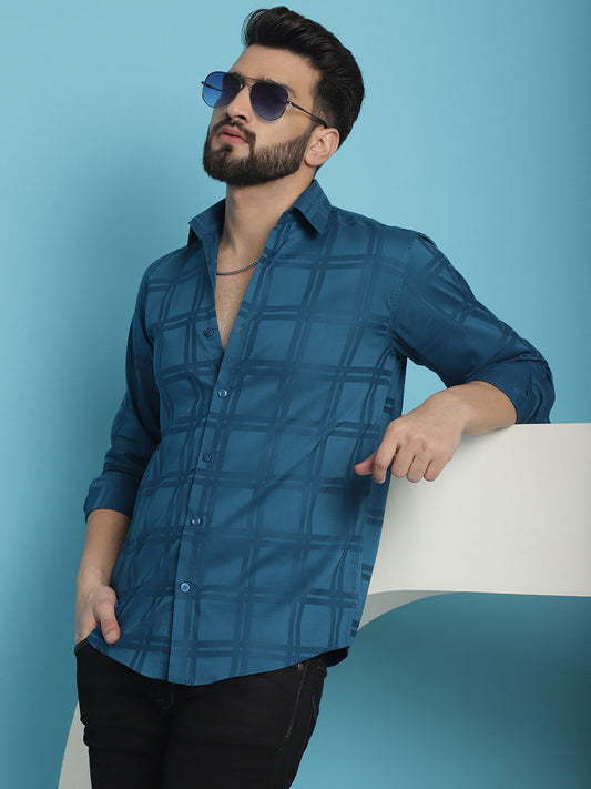 Peacock Blue Checked Casual Shirt