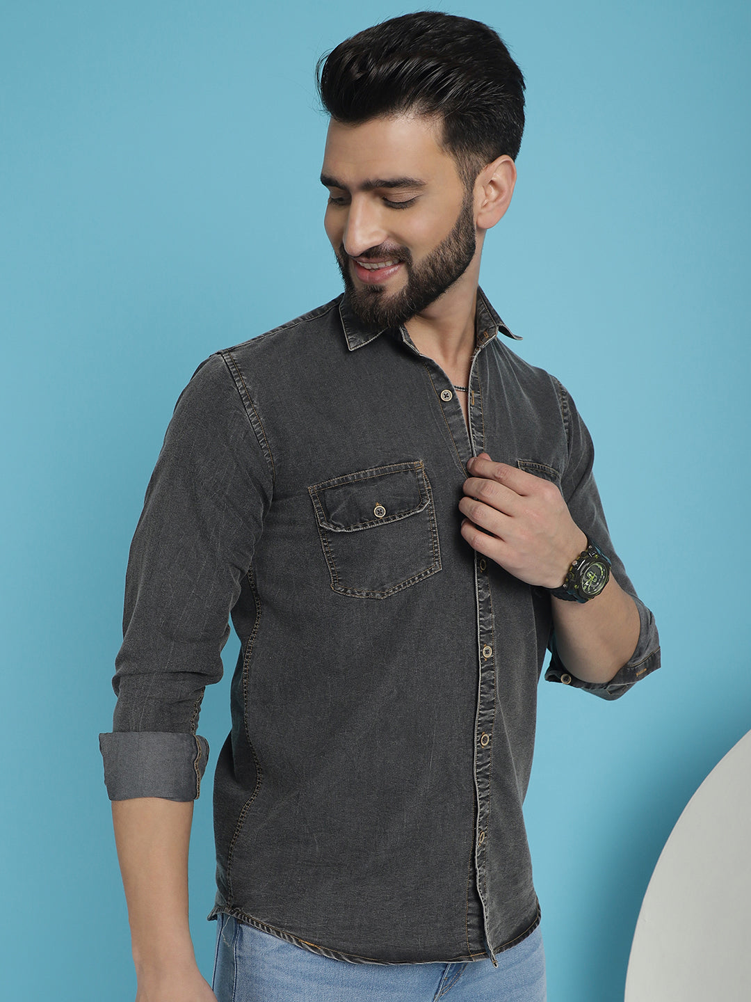 Faded Cotton Denim Casual Shirt