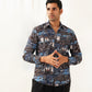 Navy Blue Printed Spread Collar Cotton Curved Casual Shirt
