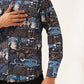 Navy Blue Printed Spread Collar Cotton Curved Casual Shirt