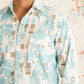 Sky Blue Printed Spread Collar Cotton Curved Casual Shirt