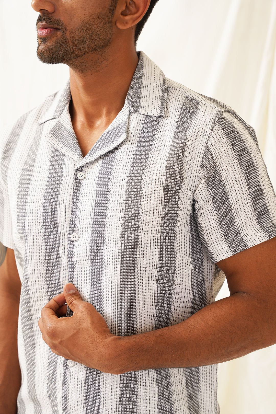 Classic Gey Striped Spread Collar Cotton Curved Casual Shirt