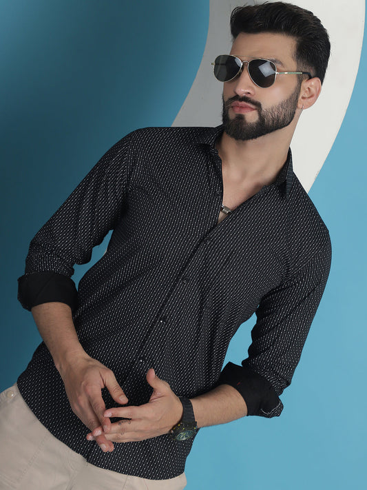 Black Geometric Printed Cotton Casual Shirt