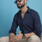Navy Blue Geometric Printed Cotton Casual Shirt
