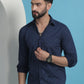 Navy Blue Geometric Printed Cotton Casual Shirt