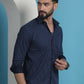 Navy Blue Geometric Printed Cotton Casual Shirt