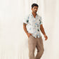 Classic Blue Floral Printed Spread Collar Cotton Curved Casual Shirt