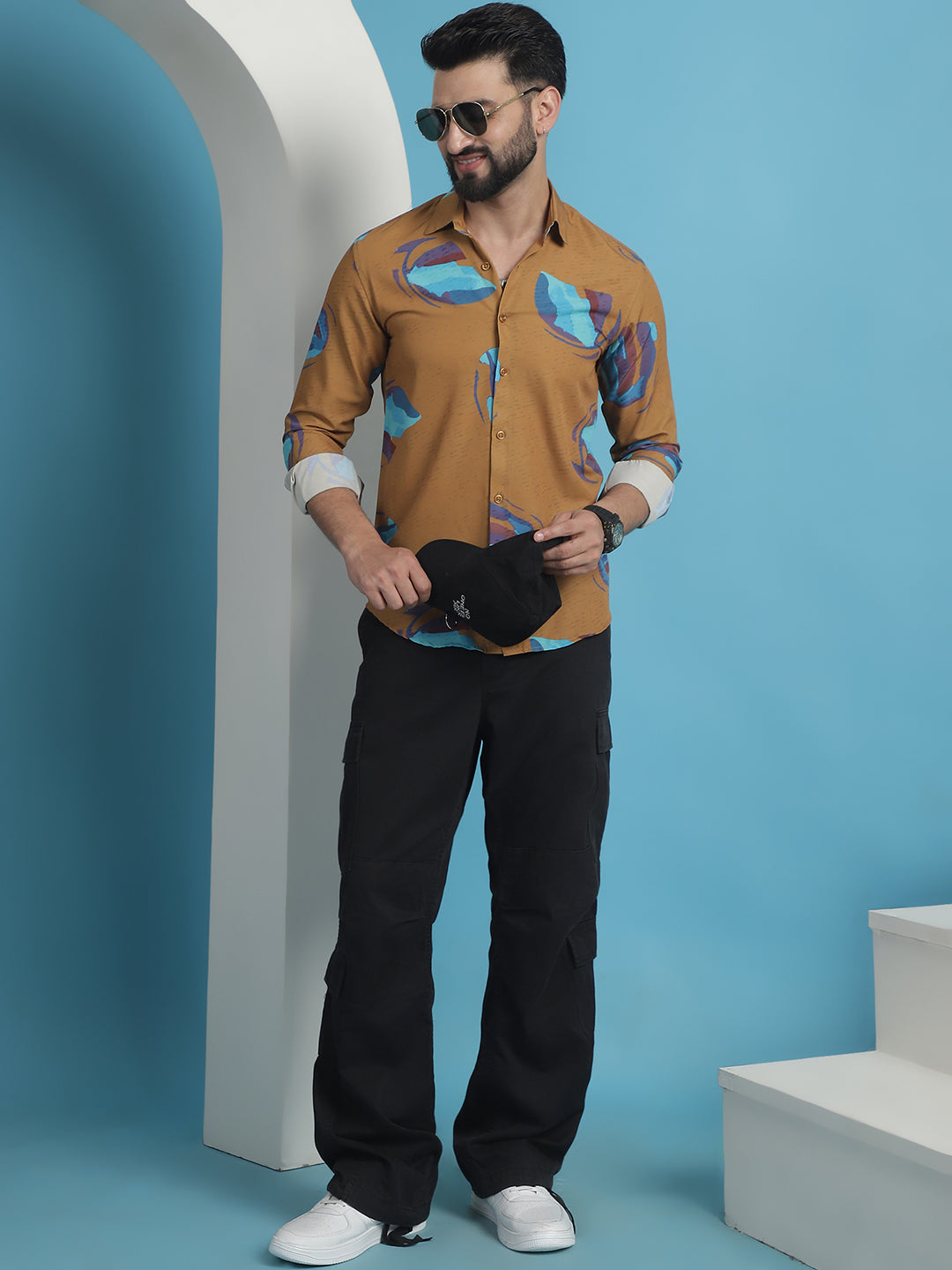 Mustard Floral Printed Cotton Casual Shirt