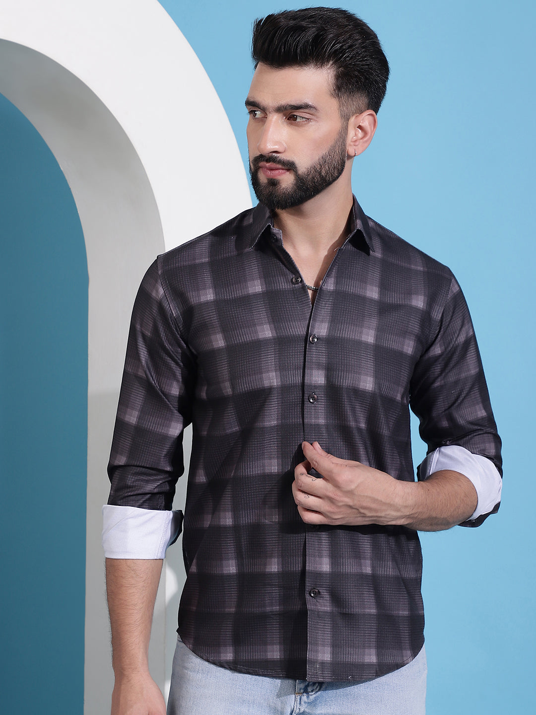 Brown Checked Cotton Casual Shirt for Men