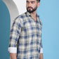 Cream Checked Cotton Casual Shirt for Men