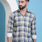 Cream Checked Cotton Casual Shirt for Men