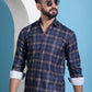Navy Blue Checked Cotton Casual Shirt for Men