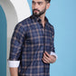 Navy Blue Checked Cotton Casual Shirt for Men