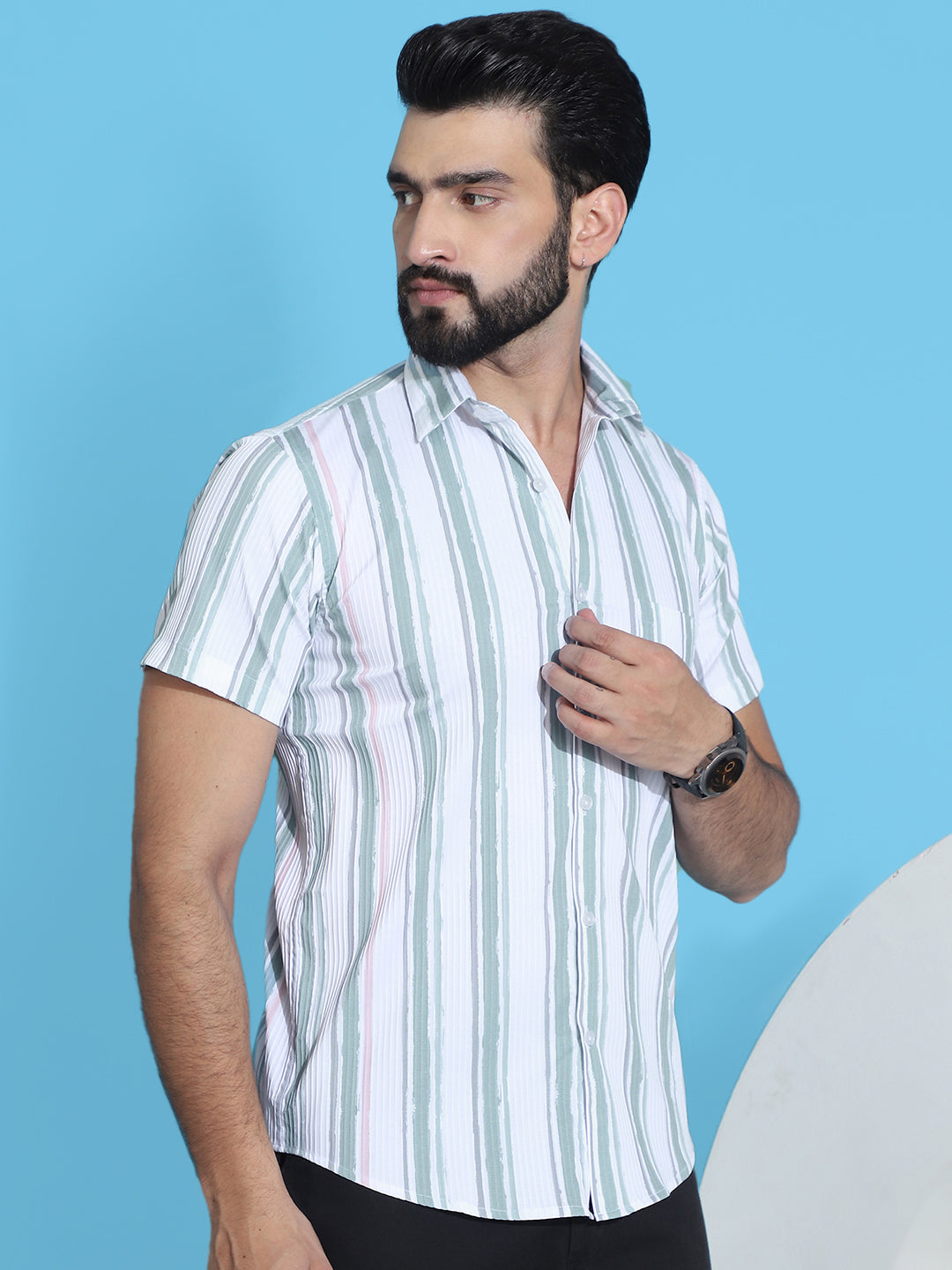 Striped Half Sleeve Cotton Lycra Shirt for Men