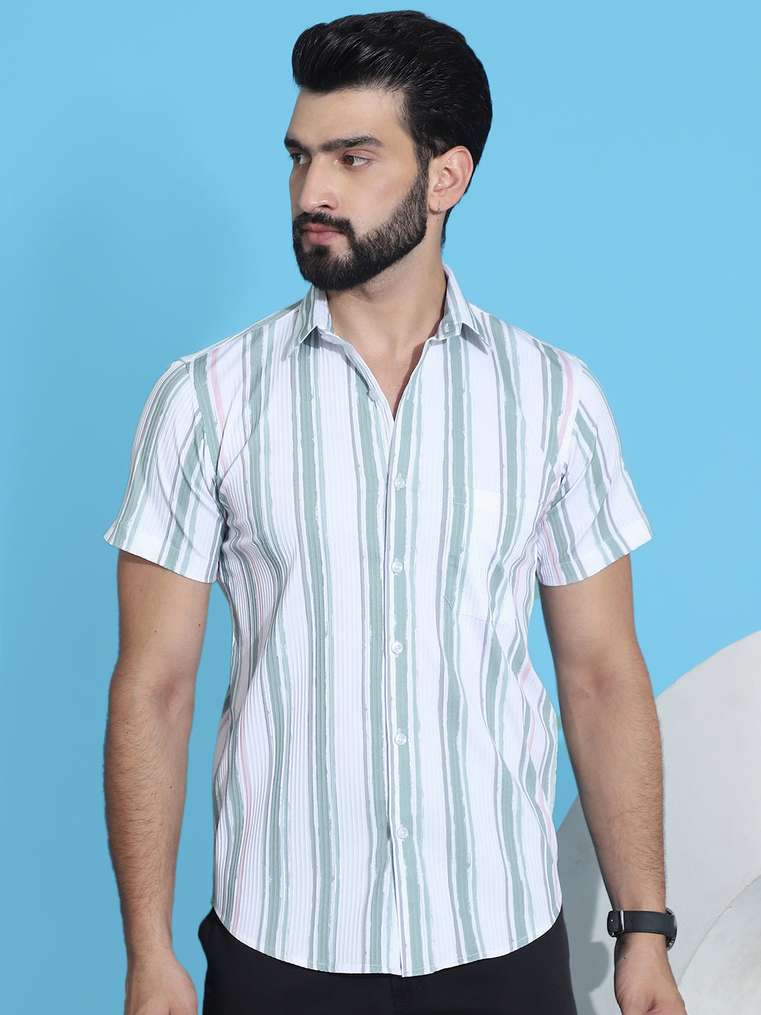 Striped Half Sleeve Cotton Lycra Shirt for Men