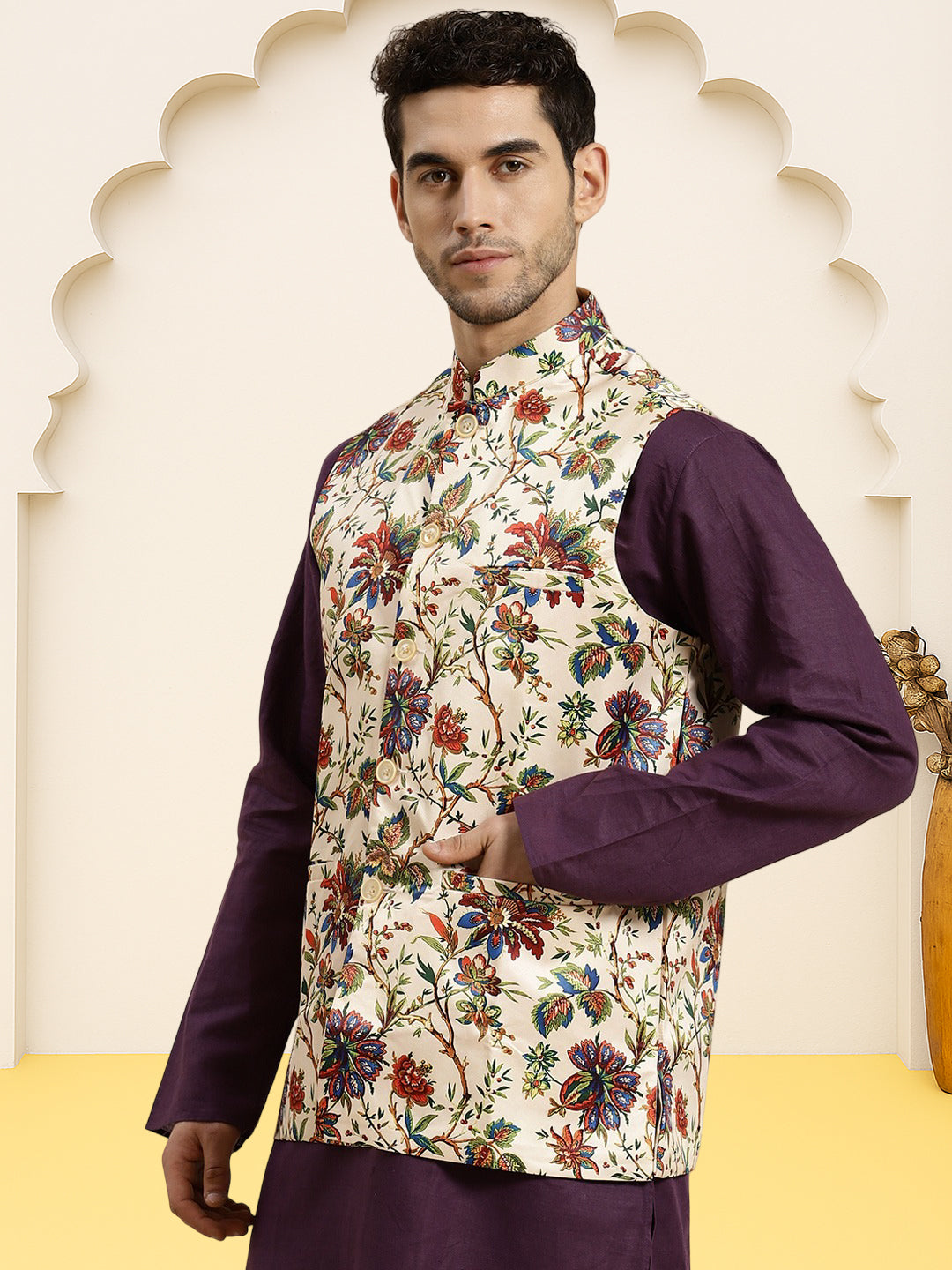 Silk Blend Ethnic Wear Nehru Jacket ( WaistCoat 3001Cream )