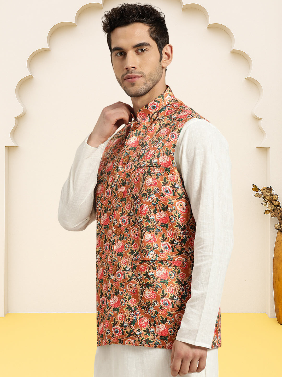 Silk Blend Ethnic Wear Nehru Jacket ( WaistCoat 3001Mustard )