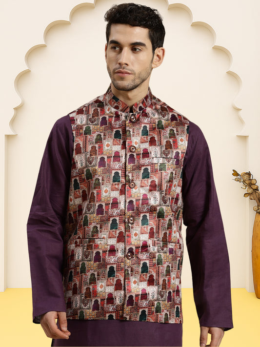 Silk Blend Ethnic Wear Nehru Jacket ( WaistCoat 3002Purple )