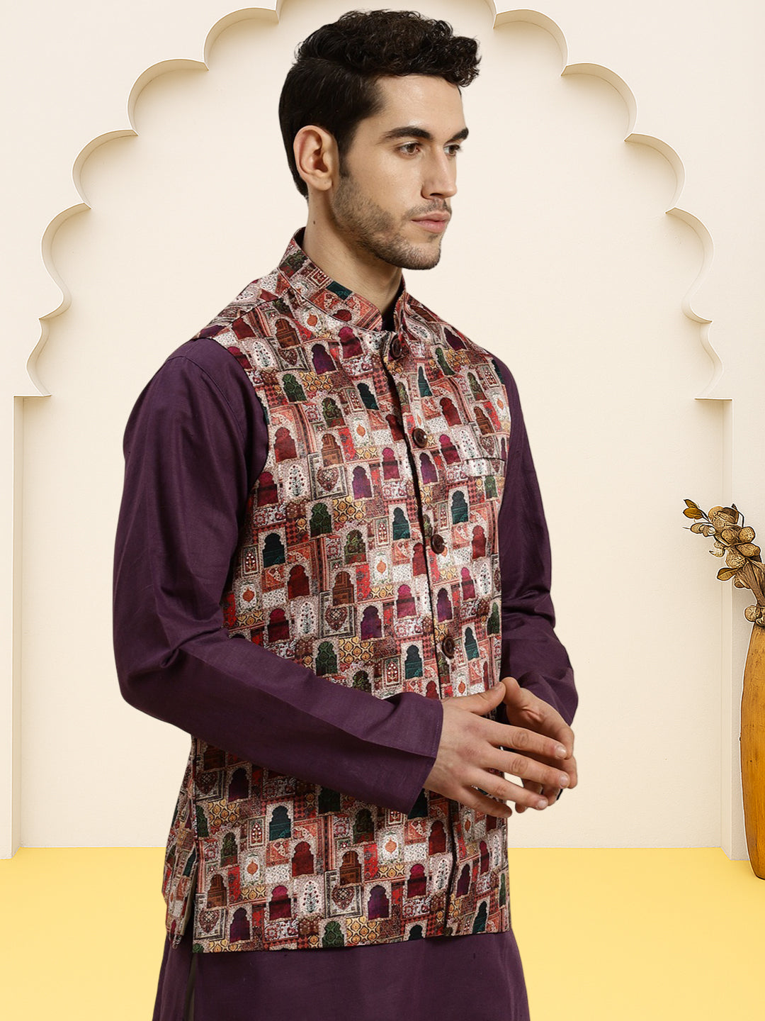 Silk Blend Ethnic Wear Nehru Jacket ( WaistCoat 3002Purple )