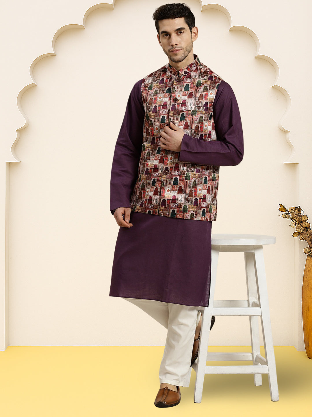 Silk Blend Ethnic Wear Nehru Jacket ( WaistCoat 3002Purple )