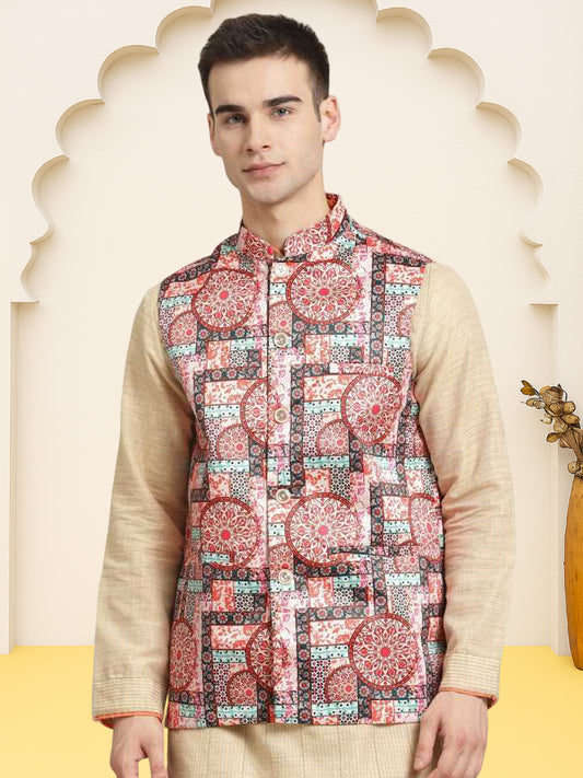 Silk Blend Ethnic Wear Nehru Jacket ( WaistCoat 3002Red )