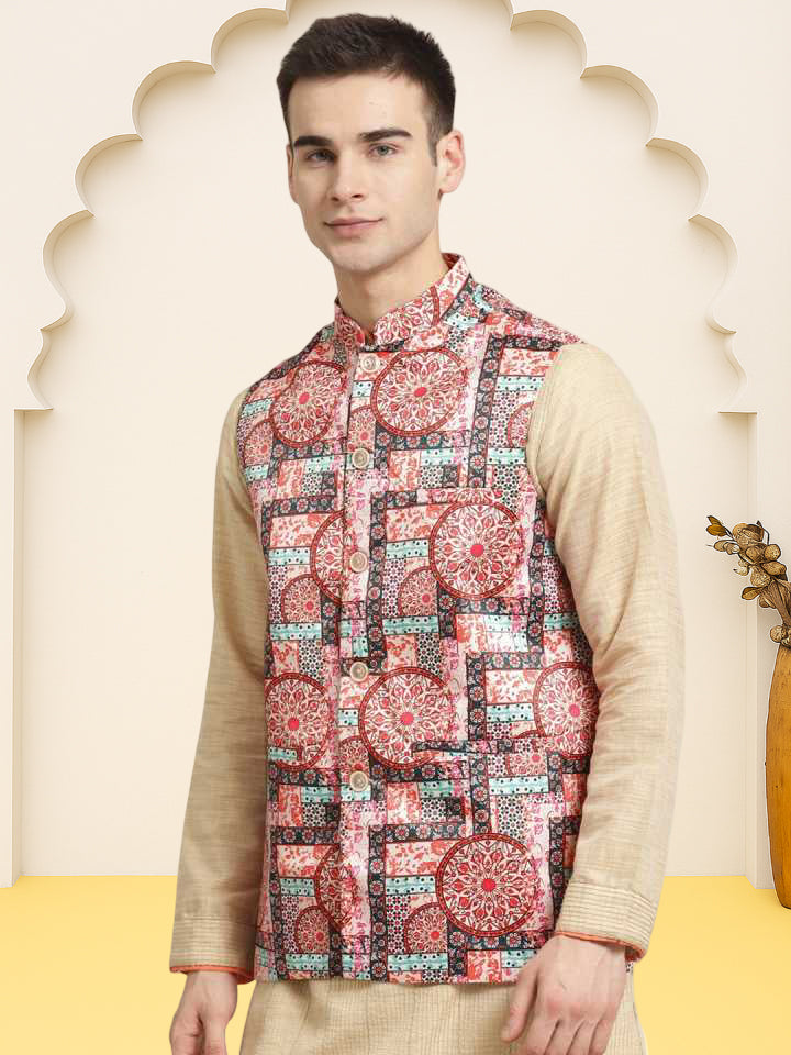 Silk Blend Ethnic Wear Nehru Jacket ( WaistCoat 3002Red )