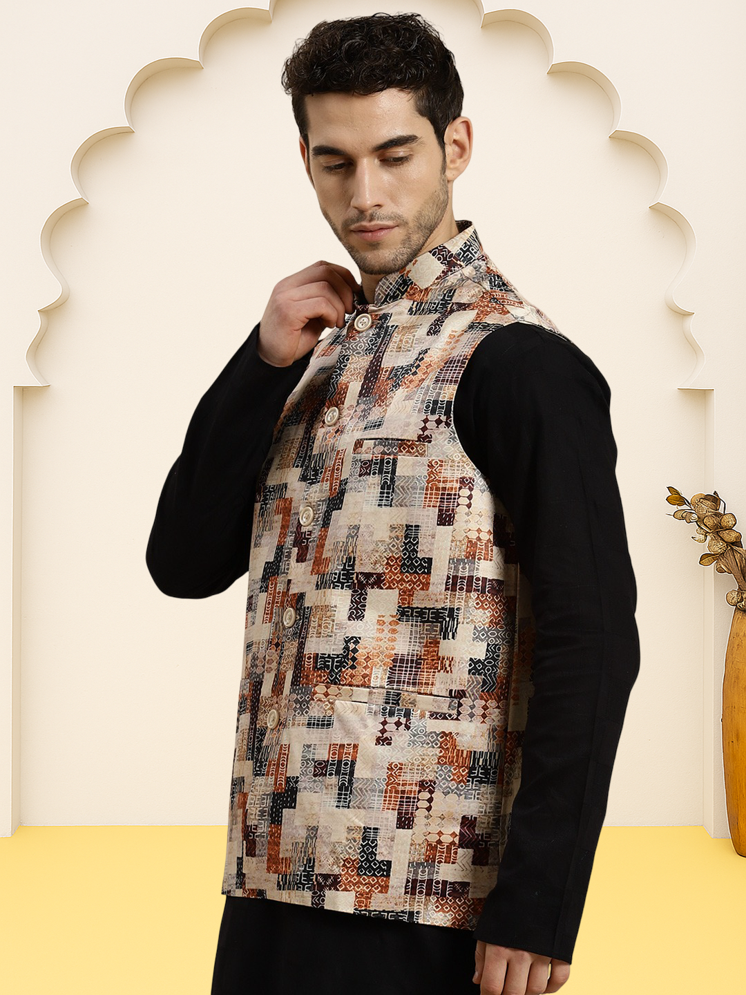 Silk Blend Ethnic Wear Nehru Jacket ( WaistCoat 3003Beige )