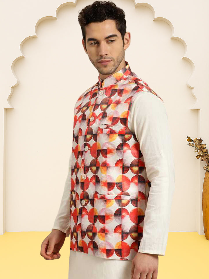 Silk Blend Ethnic Wear Nehru Jacket ( WaistCoat 3003Orange )