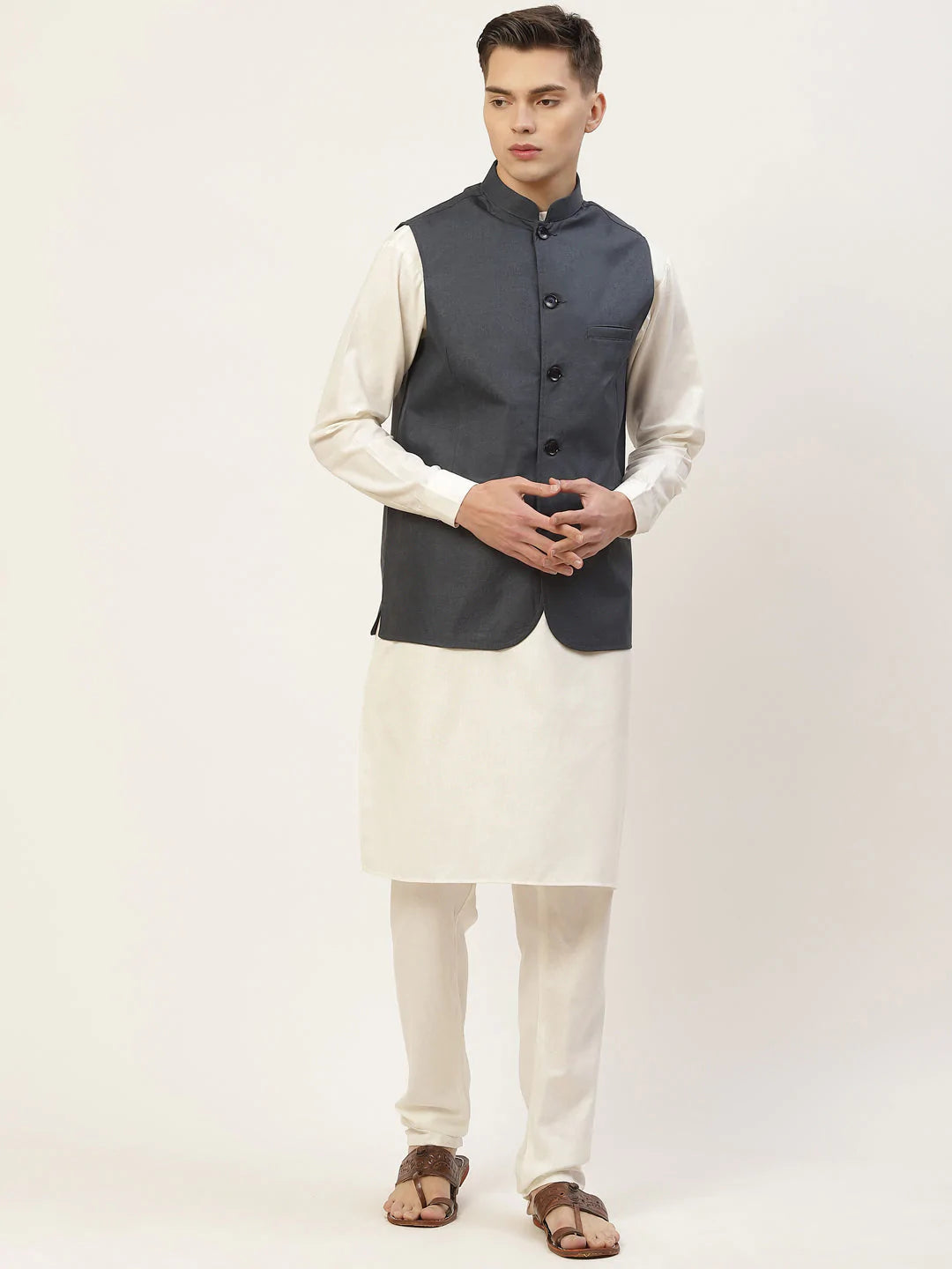Men's Kurta Pyjama With Teal Blue Solid Nehru Jacket( JOKPWC W-F 4033Teal )