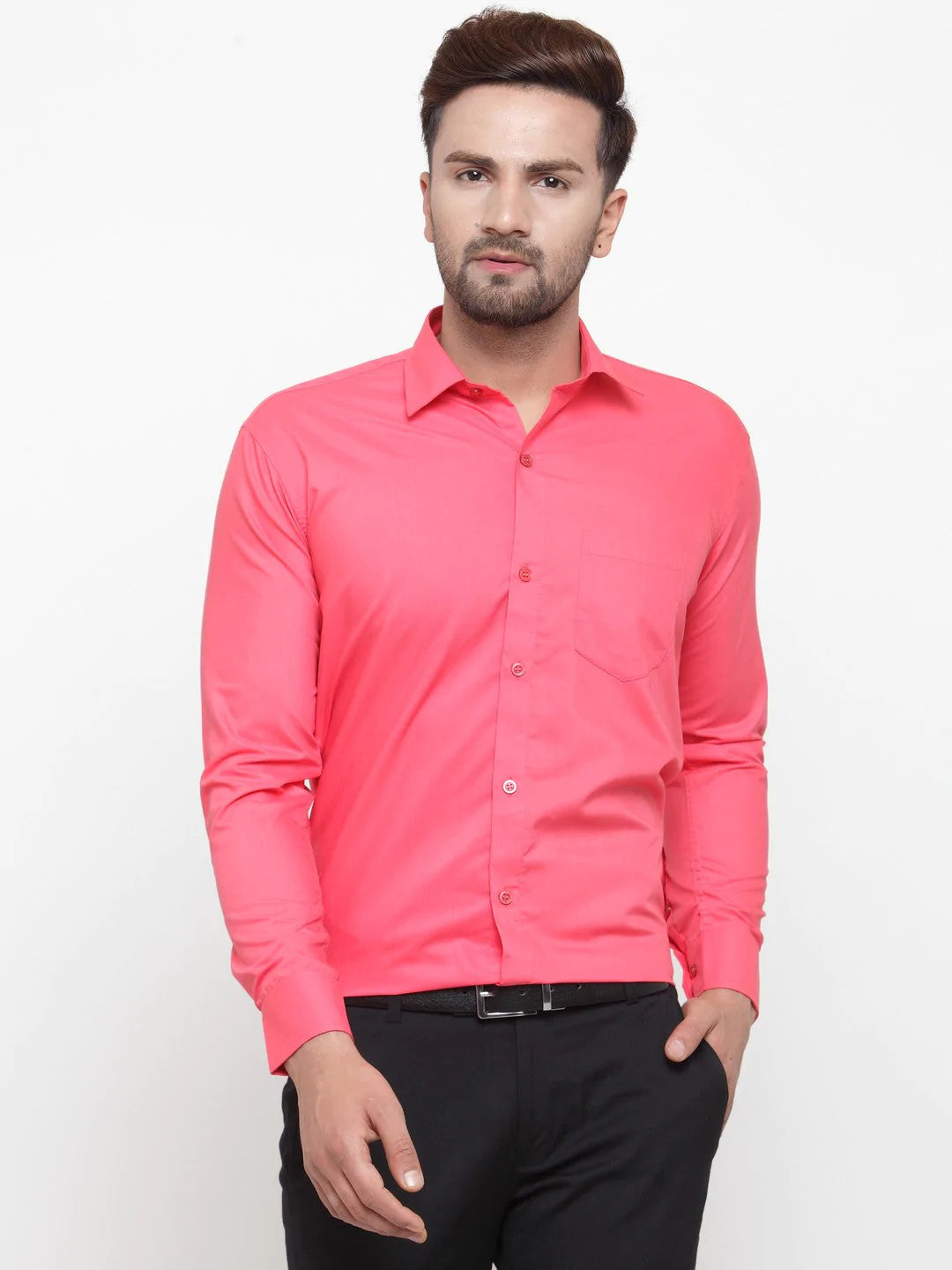 Jainish Men's Cotton Solid Coral Red Formal Shirt's ( SF 361Coral )