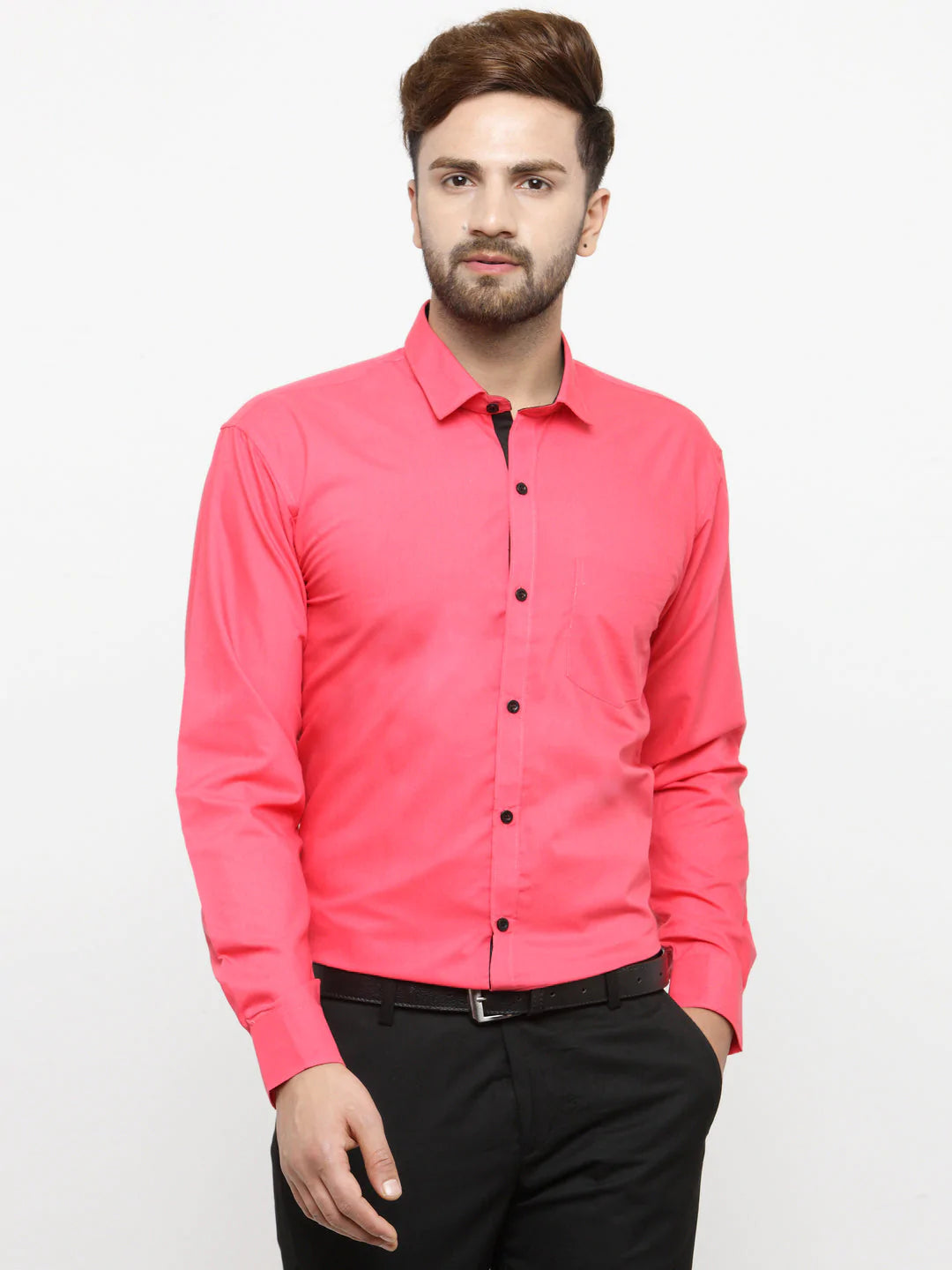 Jainish Coral Red Formal Shirt with black detailing ( SF 411Coral )