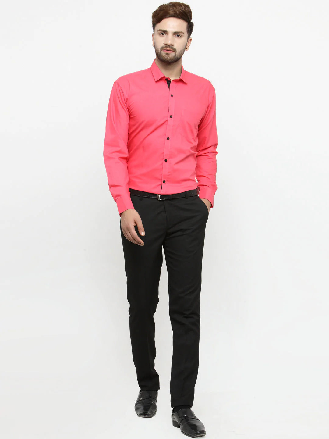 Jainish Coral Red Formal Shirt with black detailing ( SF 411Coral )