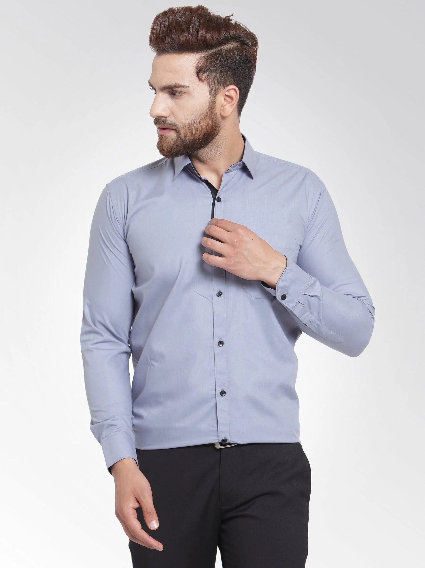 Jainish Light Grey Formal Shirt with black detailing ( SF 411Light-Grey )