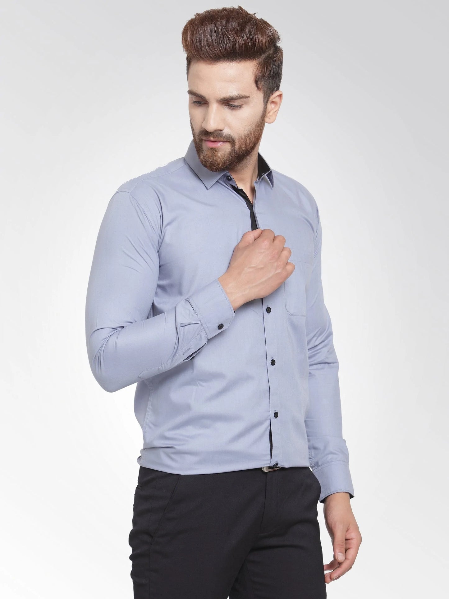 Jainish Light Grey Formal Shirt with black detailing ( SF 411Light-Grey )