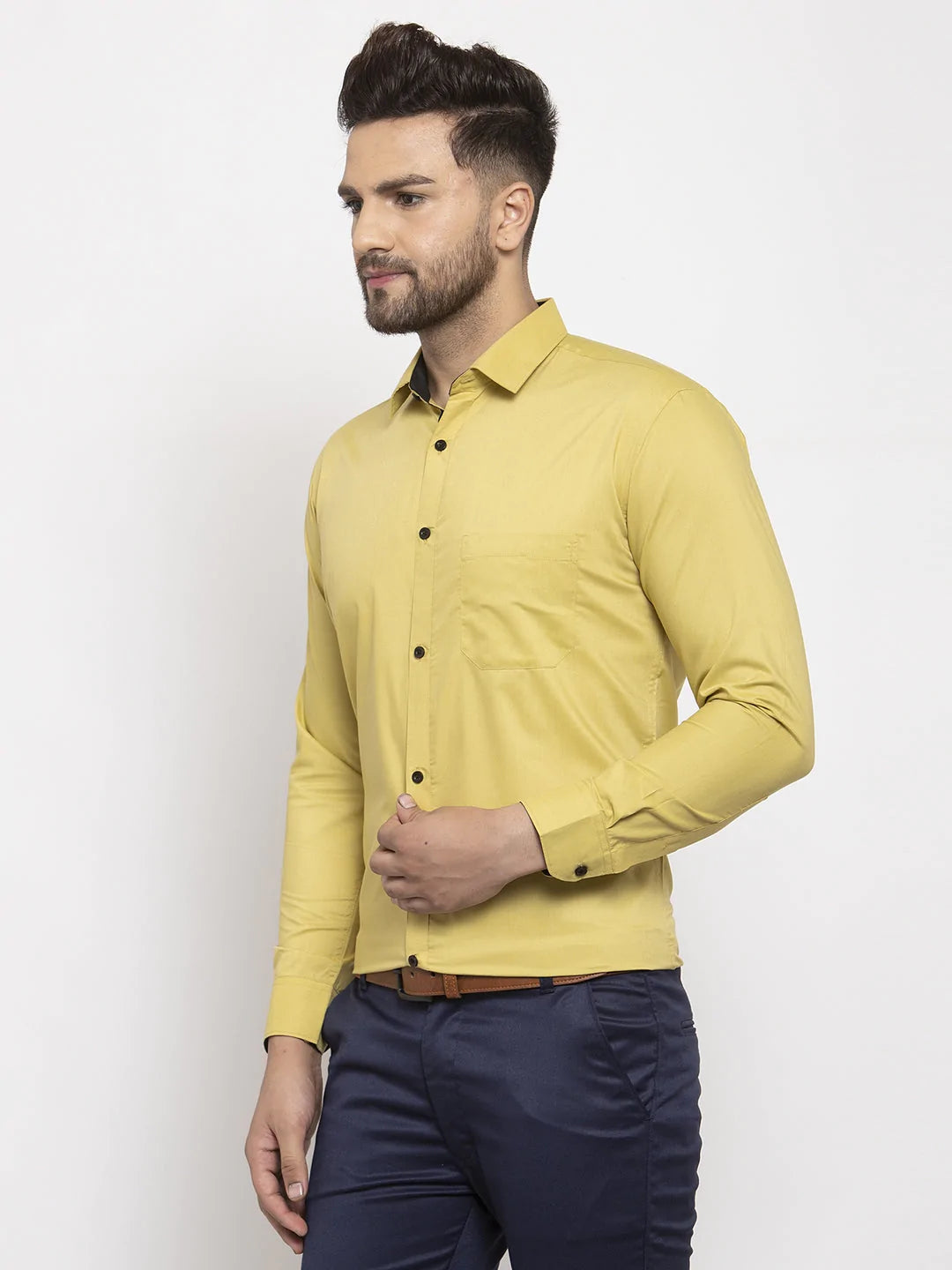 Jainish  Lime Yellow Formal Shirt with black detailing ( SF 411Lime )