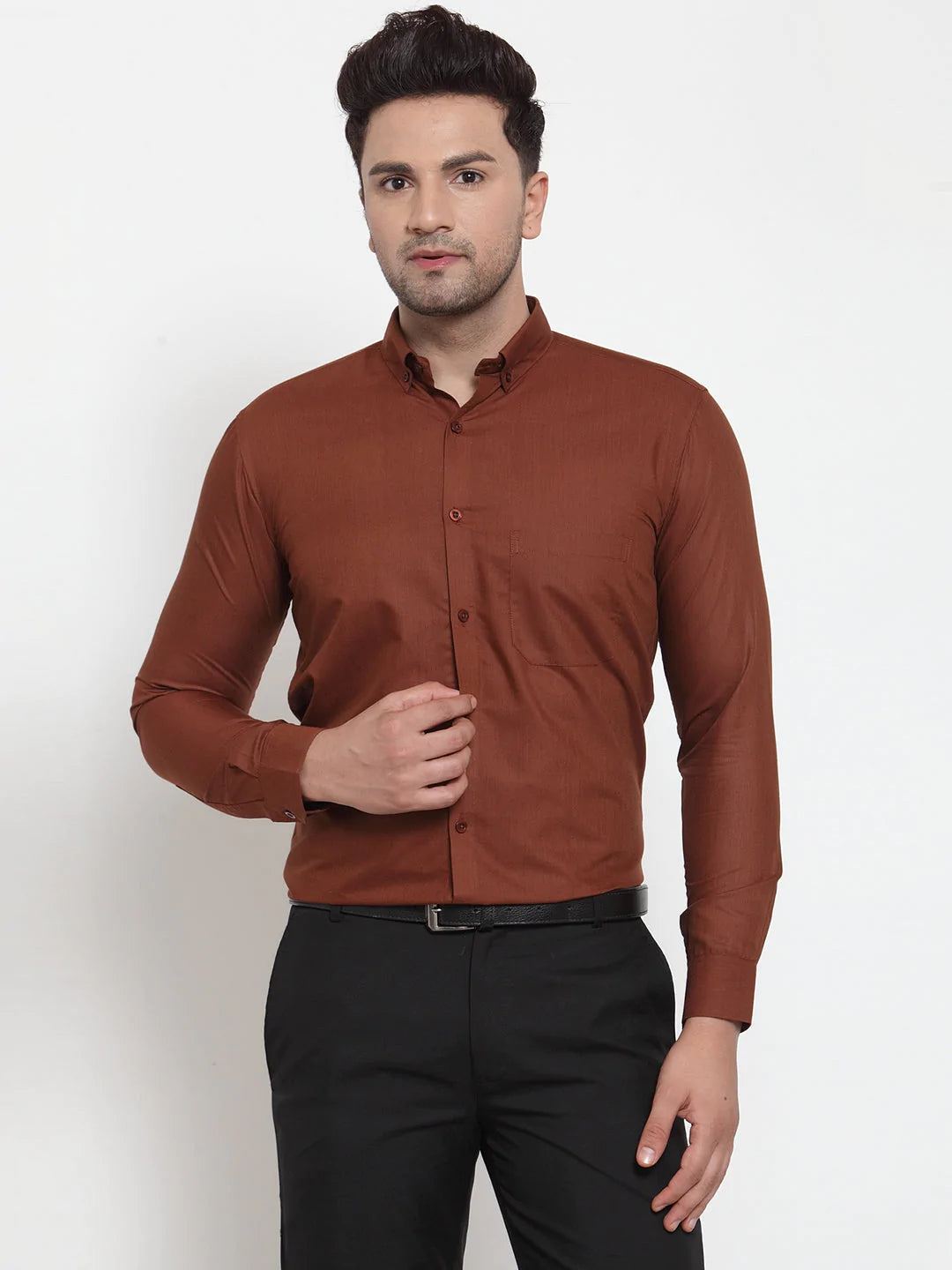 Jainish Brown Men's Cotton Solid Button Down Formal Shirts ( SF 713Brown )
