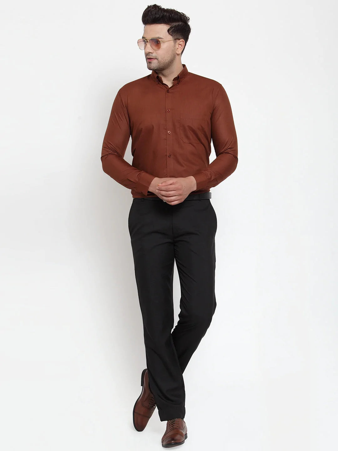 Jainish Brown Men's Cotton Solid Button Down Formal Shirts ( SF 713Brown )