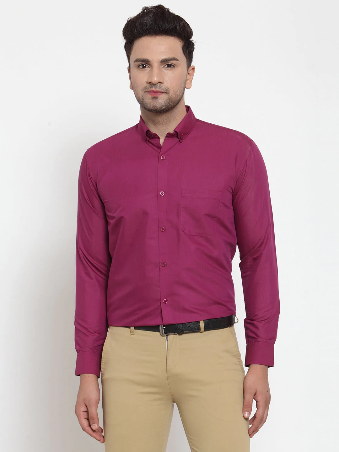 Jainish Red Men's Cotton Solid Button Down Formal Shirts ( SF 713Magenta )