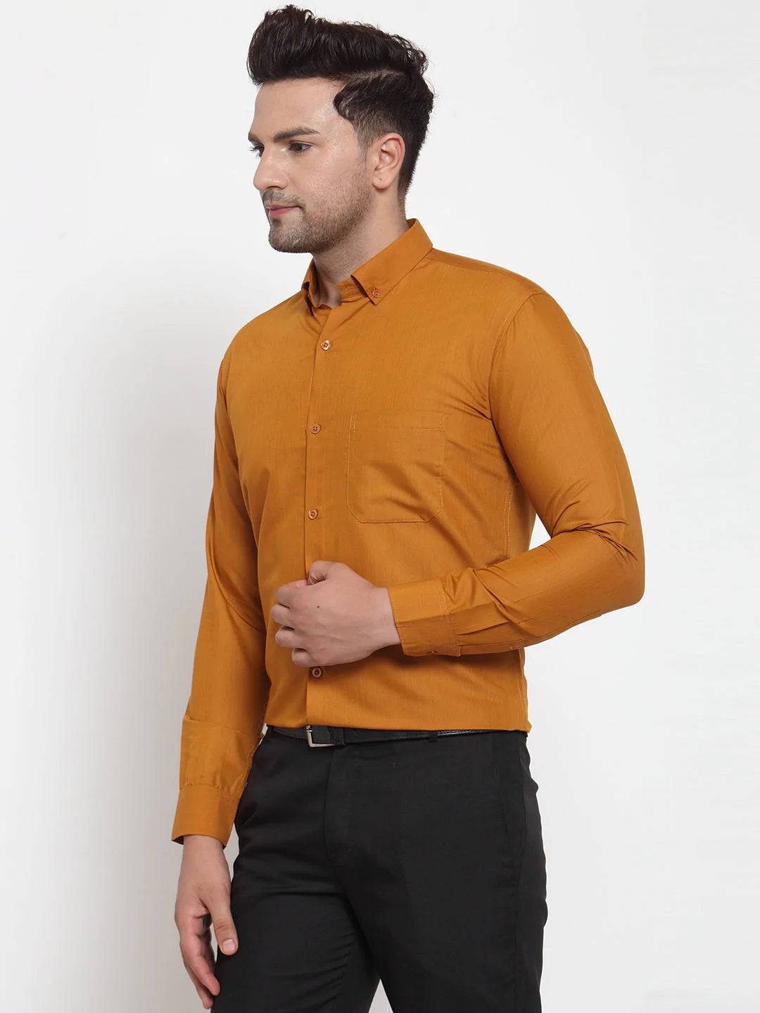 Jainish Yellow Men's Cotton Solid Button Down Formal Shirts ( SF 713Mustard )