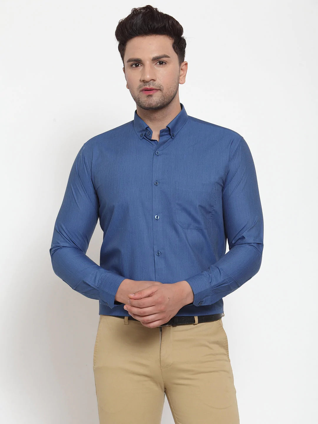 Jainish Blue Men's Cotton Solid Button Down Formal Shirts ( SF 713Peacock )