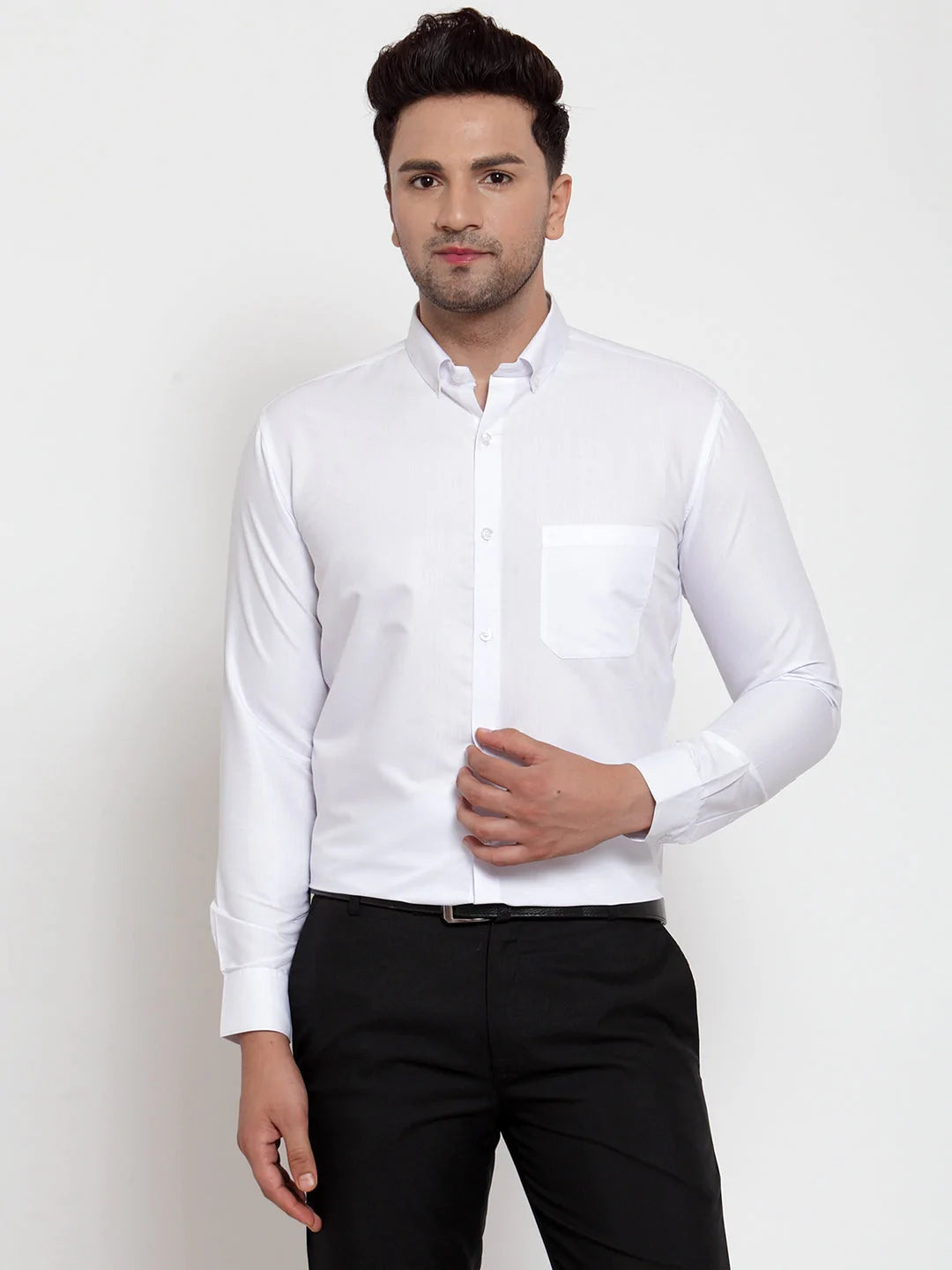 Jainish White Men's Cotton Solid Button Down Formal Shirts ( SF 713White )
