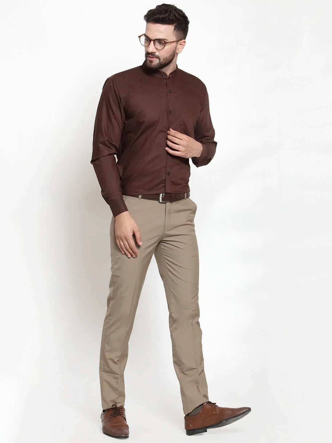 Jainish Brown Men's Cotton Solid Mandarin Collar Formal Shirts ( SF 726Coffee )