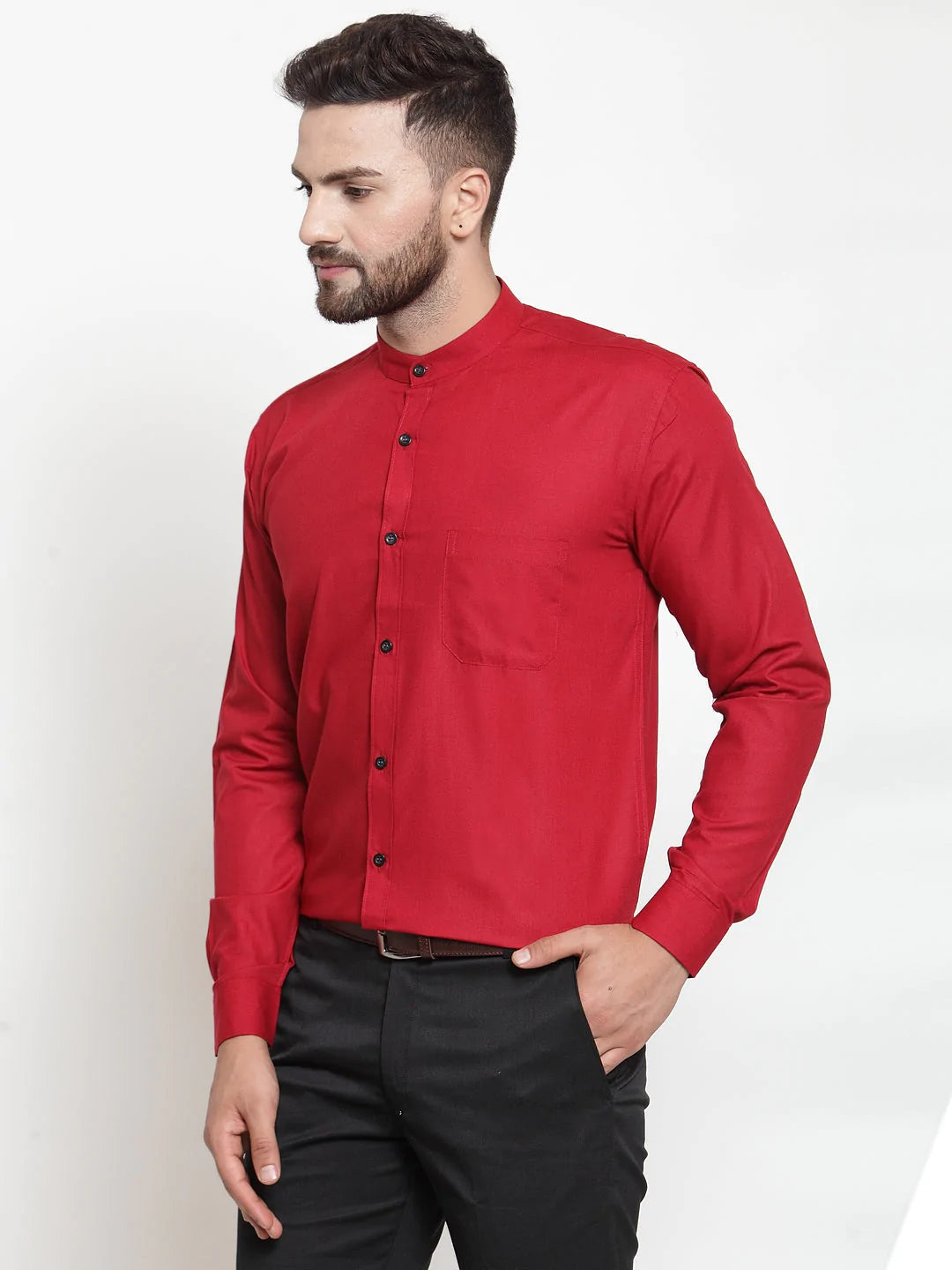 Jainish Maroon Men's Cotton Solid Mandarin Collar Formal Shirts ( SF 726Maroon )