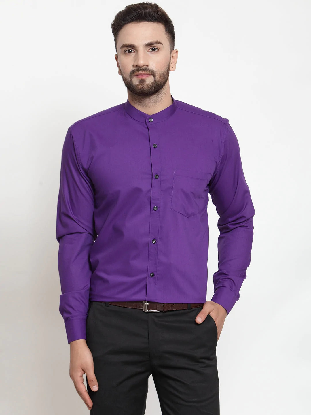 Jainish Purple Men's Cotton Solid Mandarin Collar Formal Shirts ( SF 726Purple )