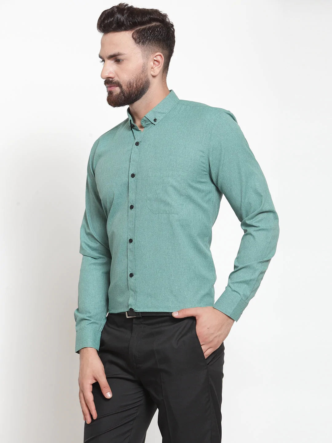Jainish Green Men's Cotton Solid Button Down Formal Shirts ( SF 734Green )