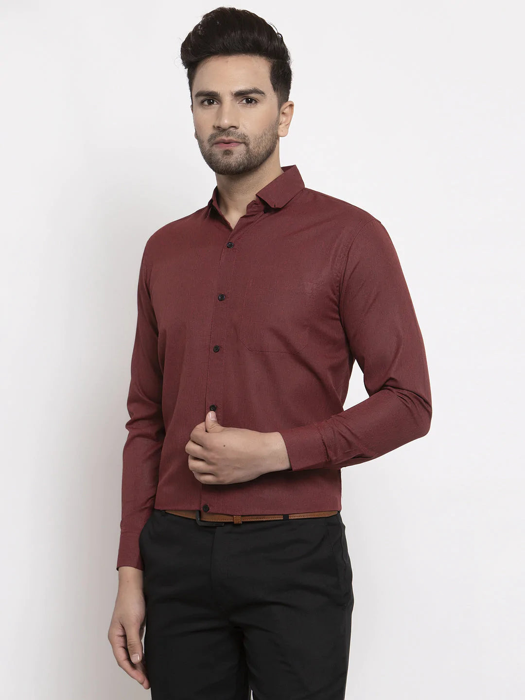 Jainish Maroon Men's Cotton Solid Button Down Formal Shirts ( SF 734Maroon )