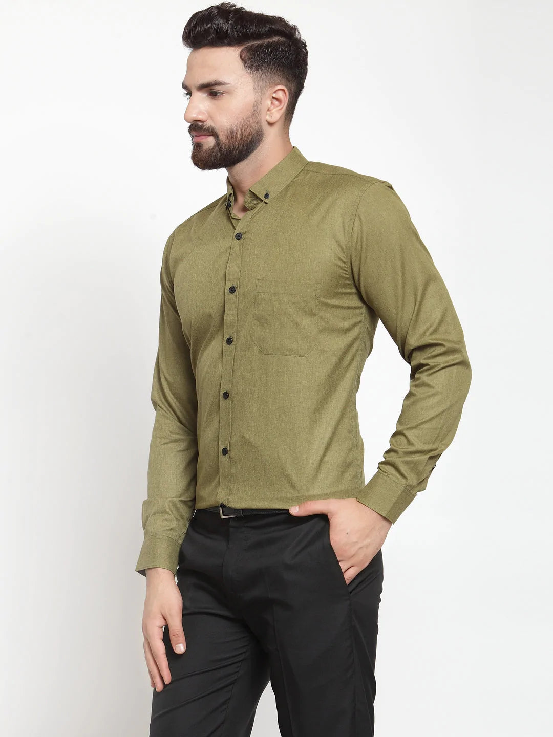 Jainish Olive Men's Cotton Solid Button Down Formal Shirts ( SF 734Olive )